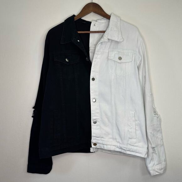 Unique Size L Half Black & White Color Block Distressed Jean Jacket - Picture 1 of 9
